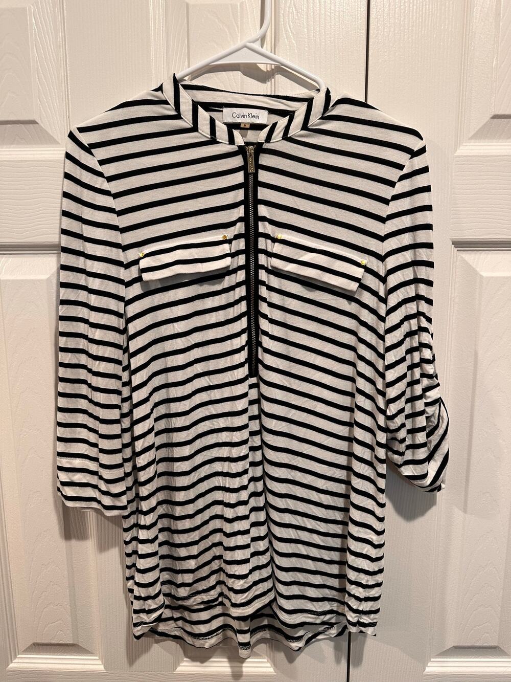 Calvin Klein Womens Striped Half Zip Roll Tab Sleeve Top Blouse Black White
